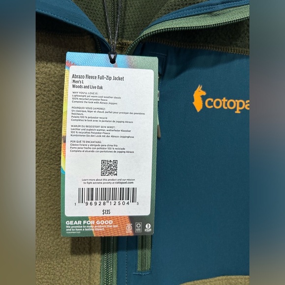 Cotopaxi Men's Large Abrazo Fleece Full-Zip Jacket Green Brown Woods Oak NWT - Picture 7 of 7